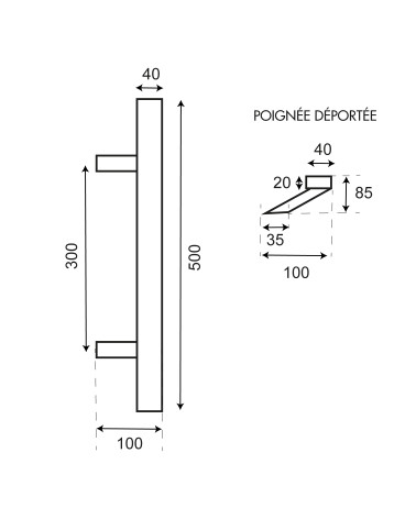 Dessin Poignée de tirage déportée Rectangulaire en T noire EUROWALE
