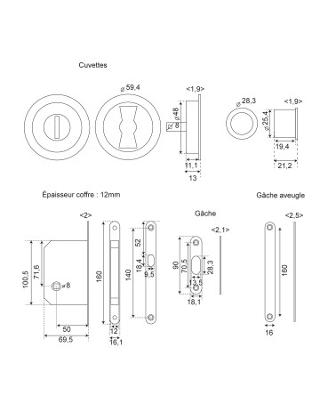 Gâche aveugle finition bronze pour portes coulissantes bois