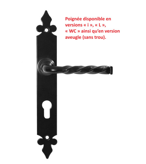 Poignée de porte Elisabeth sur plaque longue de couleur noire retro