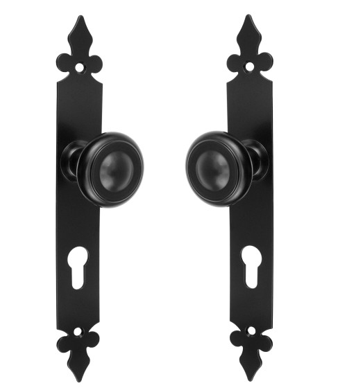 Bouton de porte rétro noire mat sur plaque longue pour porte, portail et portillon – Collection Elisabeth