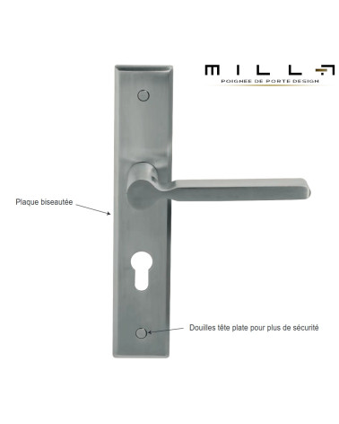 Poignée inox sur grande plaque longue biseautée pour porte d’entrée - modèle Mercure Prestige