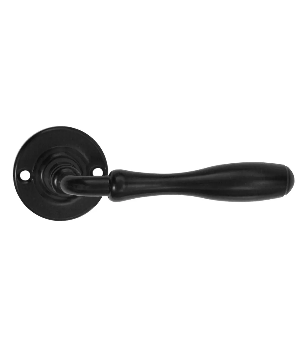 Poignées de porte rétro noires mates sur rosaces rondes pour portes, portails et portillons – Collection Joséphine