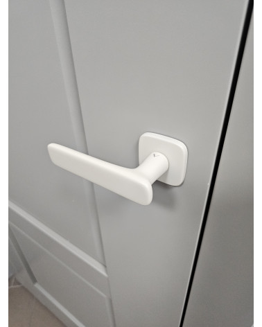 Poignée de porte moderne FLOW poignée design vue inclinée montée sur une porte