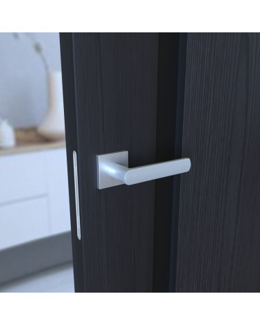 Poignée de porte chrome satiné TORINO quincaillerie design vue de côté montée sur une porte