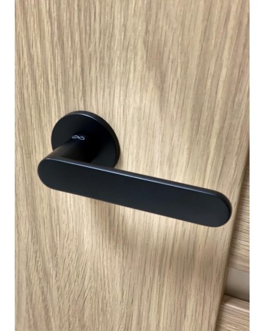 Poignée de porte noire Line Vénus poignée design montée sur une porte