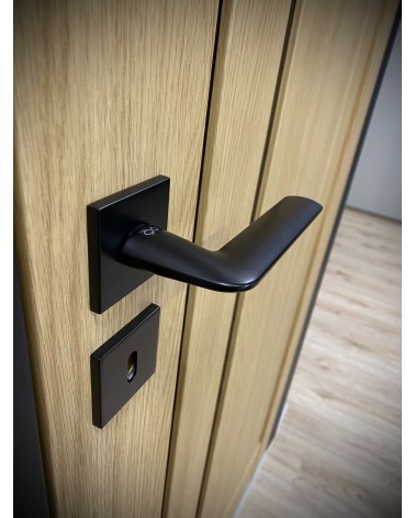 Poignée de porte noire STINGER poignée design vue de haut inclinée montée sur une porte
