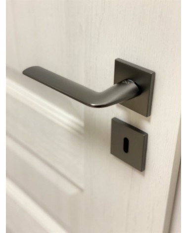 Poignée de porte titane STINGER poignée design vue de haut inclinée montée sur une porte