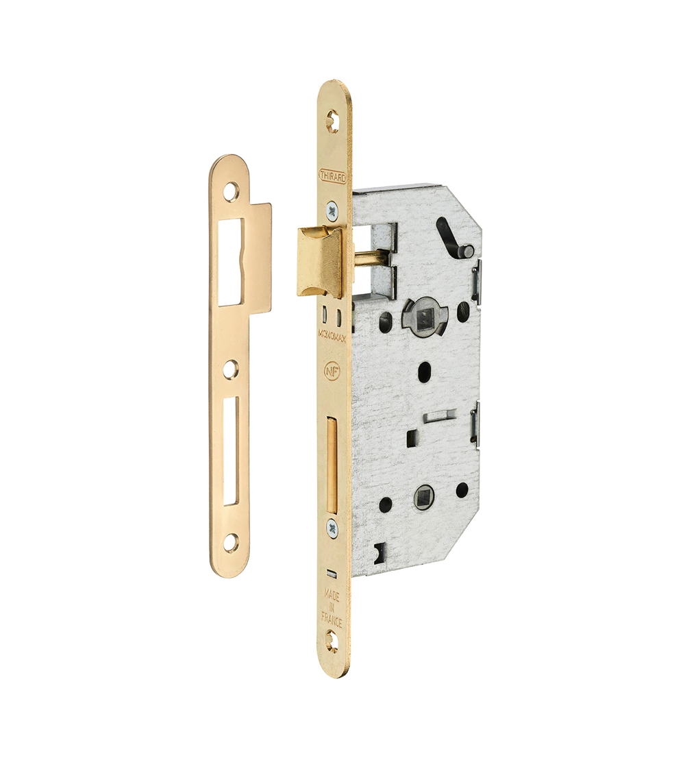 Serrure design à encastrer Thirard MONOMAX NF têtière acier laitonné, axe 40mm, entraxe 70mm, pour WC ou salle de bain -  poigné