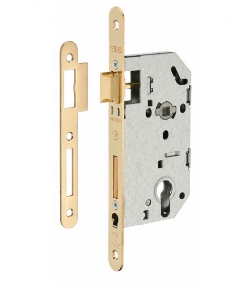 Serrure design à encastrer Thirard MONOMAX NF têtière acier laitonné, axe 50mm, entraxe 70mm, clé à barillet -  poignée design