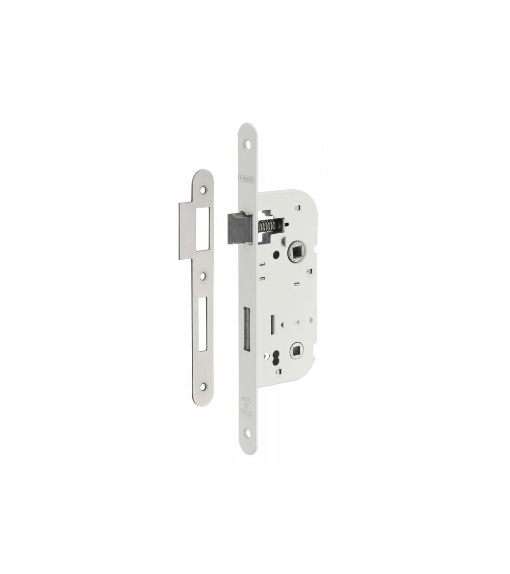 Serrure blanche à encastrer Thirard NF têtière acier blanc, axe 40mm, entraxe 70mm, pour WC ou salle de bain -  poignée design