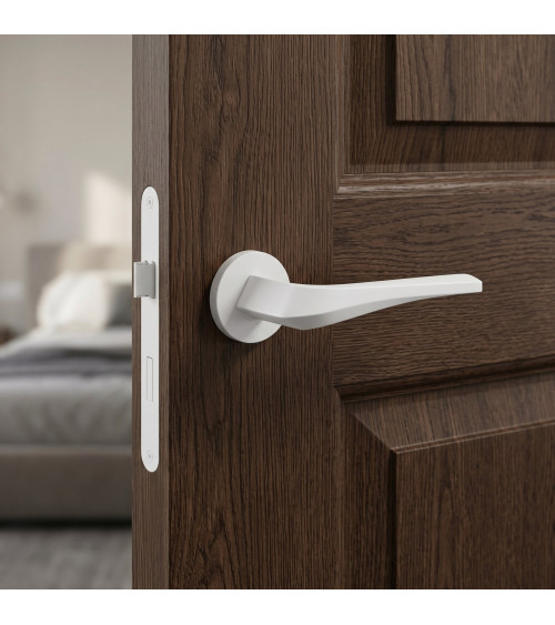 Poignée de porte blanche mat FLOW sur plaque ronde -  poignée design