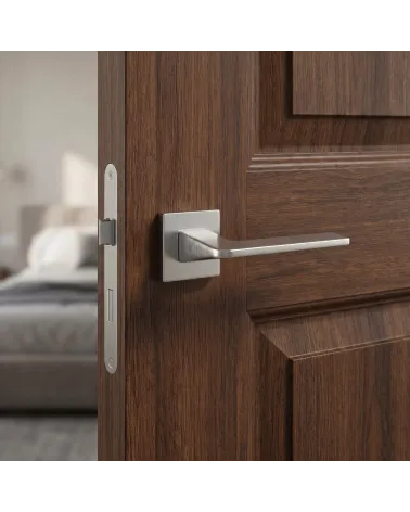 Poignée de Porte Chrome brossé sur rosace Carrée - Modèle VAVA