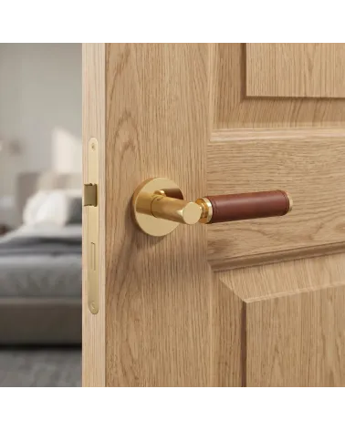 Poignée de porte haut de gamme or poli et cuir clair TUPAI 4200/200 ronde - MillaPoignées