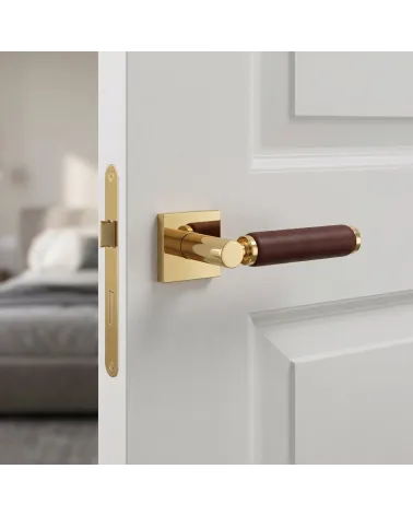 Poignée de porte haut de gamme or poli et cuir foncé TUPAI 4200/201 carrée - MillaPoignées