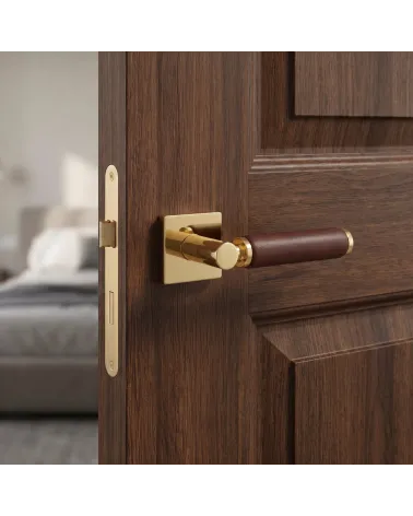 Poignée de porte haut de gamme or poli et cuir foncé TUPAI 4200/201 carrée - MillaPoignées