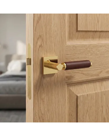 Poignée de porte haut de gamme or poli et cuir foncé TUPAI 4200/201 carrée - MillaPoignées