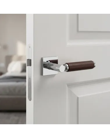 Poignée de porte carrée chrome poli et cuir foncé TUPAI 4200/201 - MillaPoignées