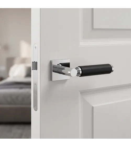 Poignée de porte haut de gamme chrome poli et cuir noir TUPAI 4200/202 carrée - MillaPoignées