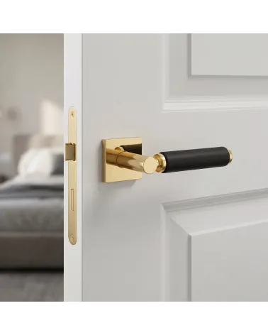 Poignée de porte haut de gamme or poli et cuir noir TUPAI 4200/202 carrée - MillaPoignées