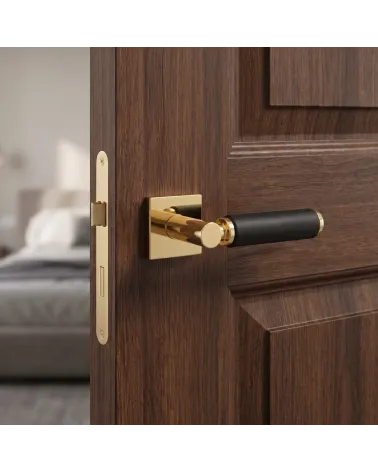 Poignée de porte haut de gamme or poli et cuir noir TUPAI 4200/202 carrée - MillaPoignées