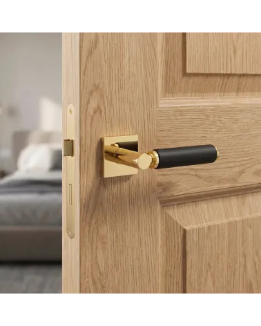 Poignée de porte haut de gamme or poli et cuir noir TUPAI 4200/202 carrée - MillaPoignées