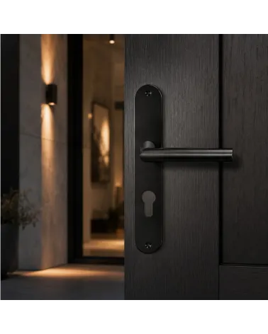 Poignée sur grande plaque en PVD noir – spéciale porte d’entrée – modèle Altesse