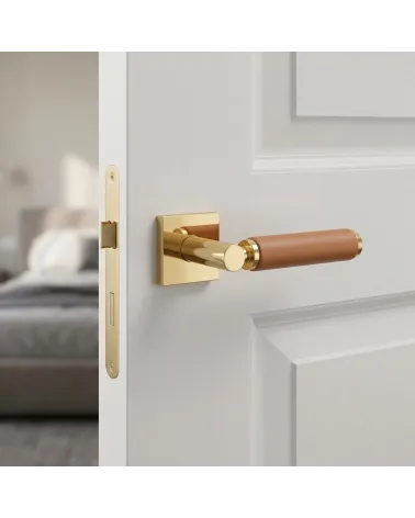 Poignée de Porte Carrée Or Poli en cuir | Opulence et Classe