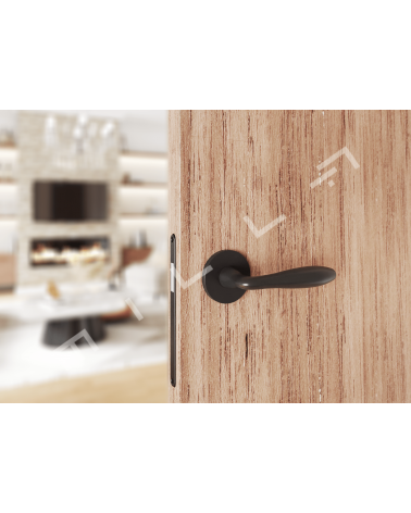 Poignée de porte moderne VERBENA poignée design montée sur une porte motif bois