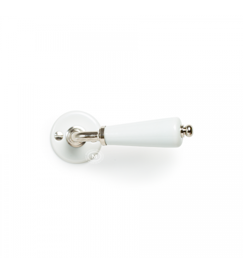 Poignée de porte canon sur rosace blanche en porcelaine - couleur nickelé -  poignée design