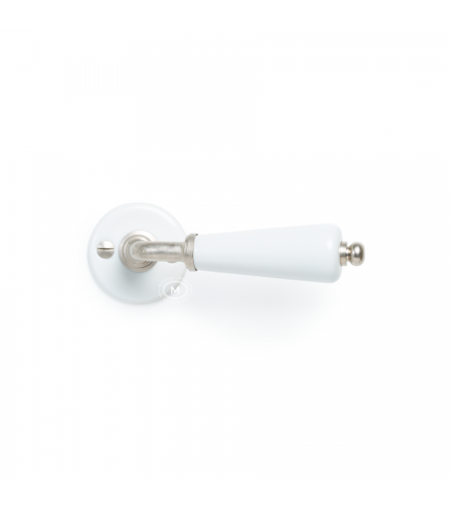 Poignée de porte canon sur rosace blanche en porcelaine - couleur nickelé -  poignée design