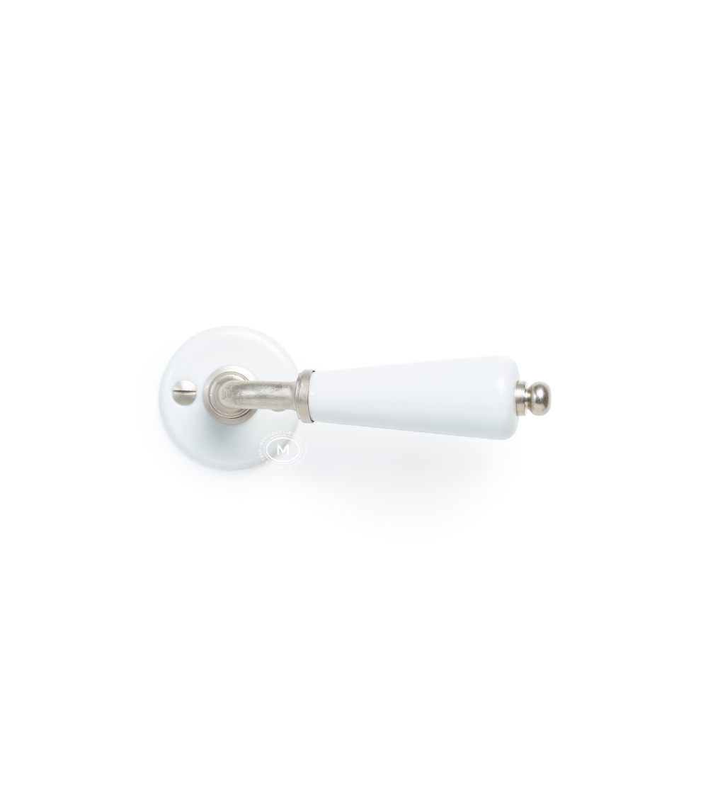 Poignée de porte canon sur rosace blanche en porcelaine - couleur nickelé -  poignée design
