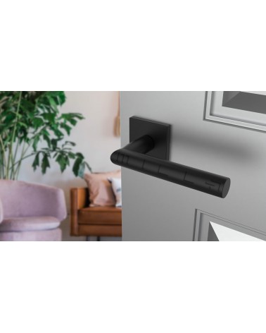 Poignée de porte noire ARABIS poignée design vue inclinée montée sur une porte