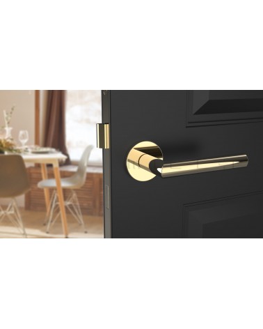 Poignée de porte couleur or poli ARABIS poignée design montée sur une porte entrouverte