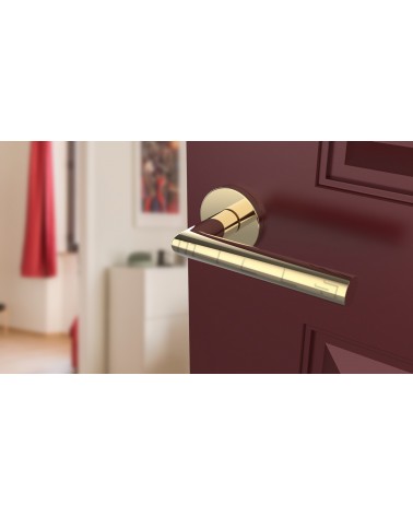 Poignée de porte couleur or poli ARABIS poignée design montée sur une porte légèrement ouverte