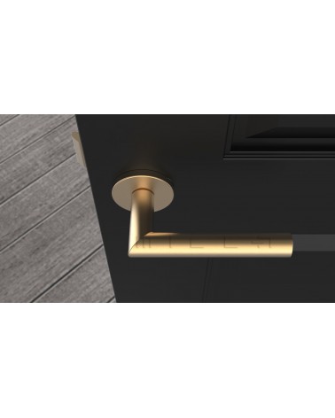 Poignée de porte couleur or mate ARABIS poignée design vue de haut montée sur une porte