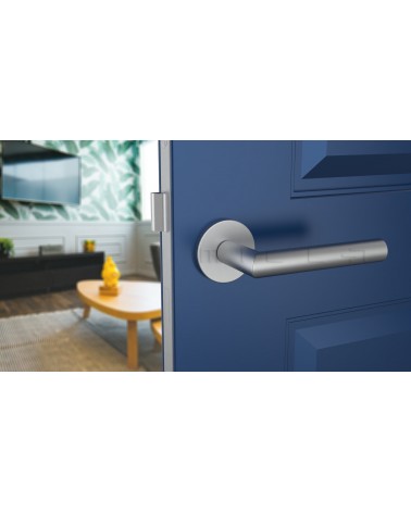 Poignée de porte couleur chrome satiné ARABIS poignée design vue de haut inclinée montée sur une porte
