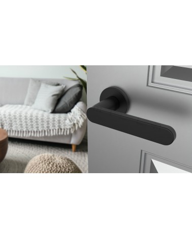 Poignée de porte noire ALORA poignée design vue inclinée montée sur une porte