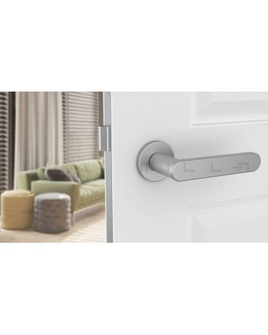 Poignée de porte chrome satiné ALORA poignée design vue de face montée sur une porte