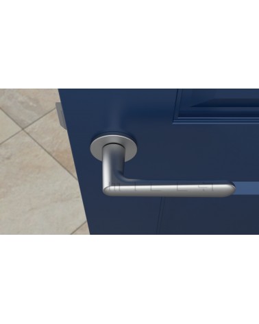 Poignée de porte chrome satiné ARIA poignée design vue de haut montée sur une porte