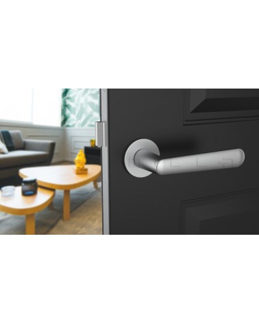 Poignée de porte chrome satiné ARIA poignée design vue de face montée sur une porte entrouverte