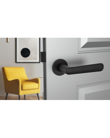 Poignée de porte noire mat ARIA poignée design vue de face montée sur une porte