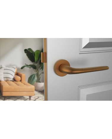 Poignée de porte Cuivre AZALIA poignée design vue de face montée sur une porte