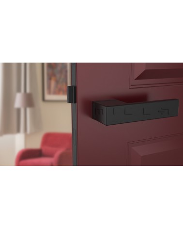 Poignée de porte futuriste CARLINA poignée design vue de face montée sur une porte