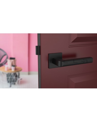 Poignée de porte noire SALICE quincaillerie design vue de face montée sur une porte
