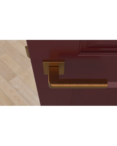 Poignée de porte cuivre SALICE quincaillerie design vue de haut montée sur une porte