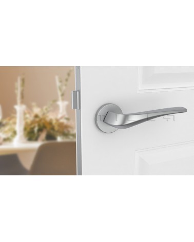Poignée de porte chrome satiné DALIA poignée design vue de face montée sur une porte