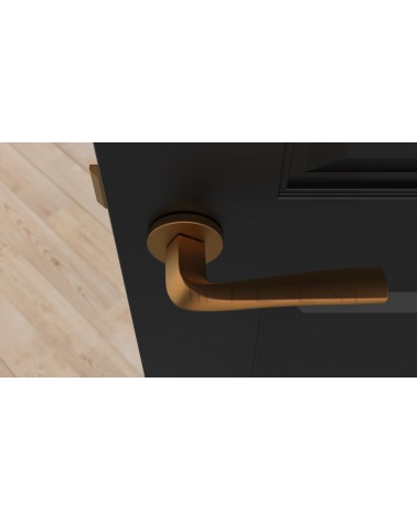 Poignée de porte cuivre DALIA poignée design vue de haut montée sur une porte