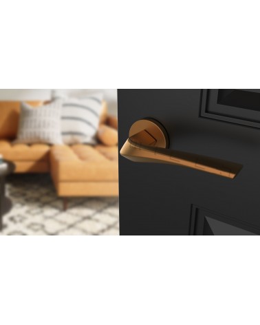Poignée de porte cuivre DALIA poignée design vue de haut inclinées montée sur une porte