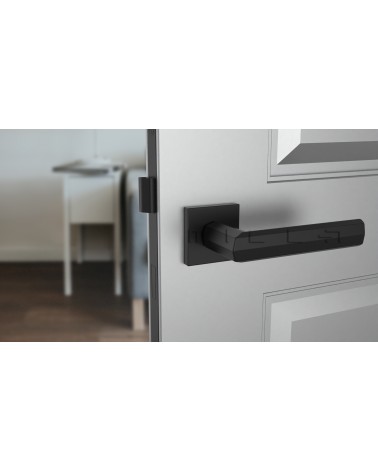 Poignée de porte noire FRESIA poignée design vue de face montée sur une porte