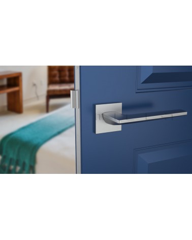 Poignée de porte chrome satiné LUNARIA poignée design vue de face montée sur une porte
